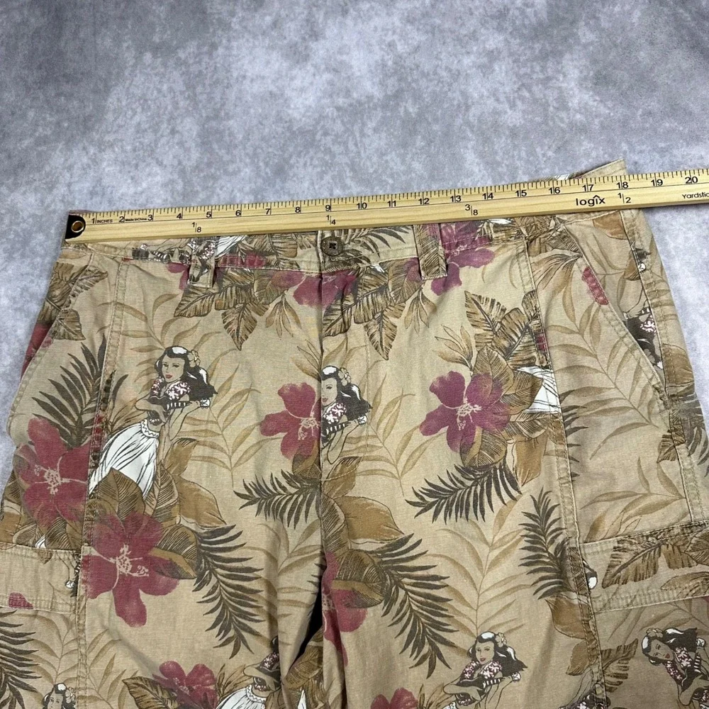 Island Shores Mens 38 Cargo Shorts Tan Tropical Hula Girl Hibiscus Cotton Floral